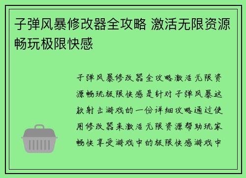 子弹风暴修改器全攻略 激活无限资源畅玩极限快感
